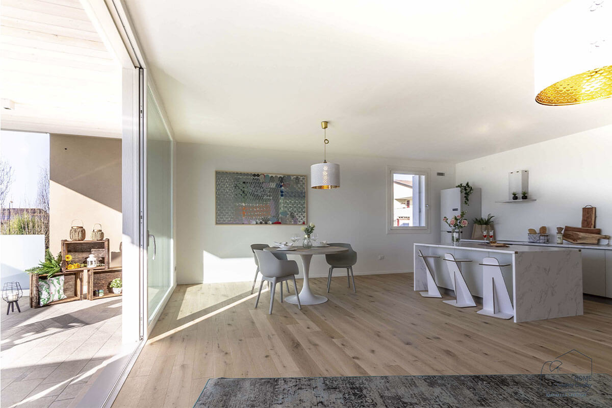 allestimento cucina con sgabelli in cartone