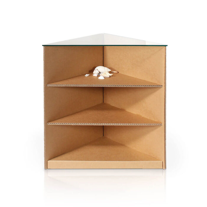 Bancone ad angolo in cartone con ripiani in vetro 'Erpice LA'