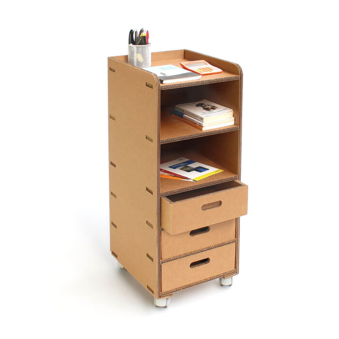 Mobiletto in cartone su ruote con cassetti e vani 'Mazia'
