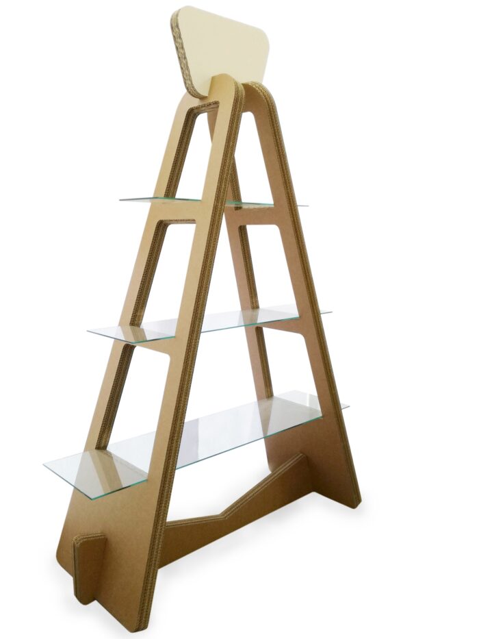 Espositore bifacciale in cartone con ripiani in vetro 'Mutta'